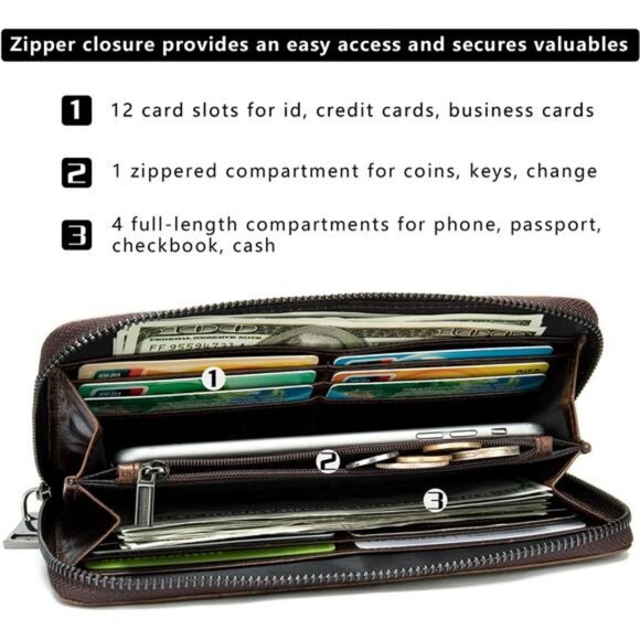 Genuine Leather Cool Long Wallets for Men Personalized Zip Around Wallet - Picture 5 of 8